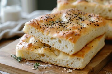 Sticker - Close-up of homemade focaccia with black sesame seeds and salt flakes on a wooden board