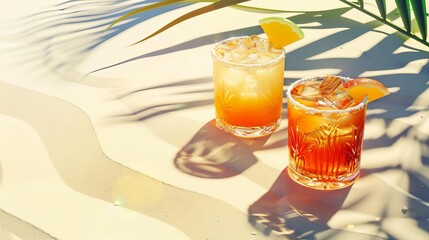 tropical beach cocktails on white sand with palm leaf shadows ai generated concept illustration