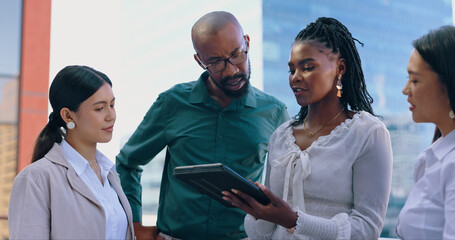 Aufkleber - Cooperation, business people or group with a tablet, typing or connection with network, internet or social media. Staff, manager or employees with technology, partnership or teamwork with digital app