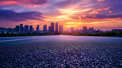 Wall Mural - Round asphalt road and city skyline with colorful sky clouds at sunset : Generative AI