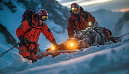 mountain rescue paramedics helping injuring person. difficult alpine snow covered terrain at evening