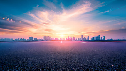 Poster - Round asphalt road and city skyline with colorful sky clouds at sunset : Generative AI