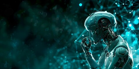 Wall Mural - Humanoid robot in thought against dark background with copy space AI concept. Concept AI, Robot, Copy Space, Technology, Dark Background