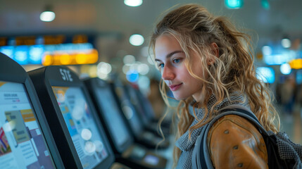 Wall Mural - Smart Information Kiosks - Travelers using interactive touch screen kiosks to find flight information and facilities at the port.