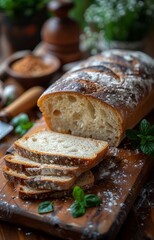 Wall Mural - Slices of rustic sourdough bread, traditional and delicious, presented on a wooden backdrop