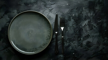 Aufkleber - Empty ceramic round plate on dark textured concrete background Cutlery preparation for dinner : Generative AI