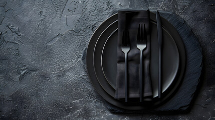 Poster - Black plate cutlery and napkin on stone table top view Table setting : Generative AI
