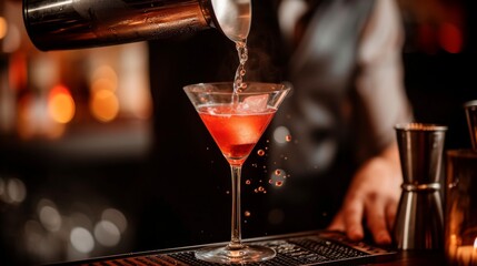 bartender pours a cocktail at the bar, the liquid flows smoothly into a bartender pours a cocktail at the bar, the liquid flows smoothly into a glass