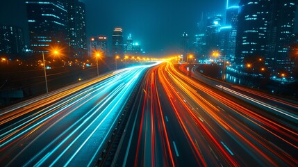 Capturing car headlights and busy night transport in high speed urban traffic on a city highway during evening rush hour, using motion blur lighting effect and abstract long exposure photography 8K , 