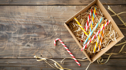 Poster - Opened gift box with shredded paper on wooden background Brown paper box with decorative straws fillers for your product placement Flat lay top view Centre composition with empty space : Generative AI