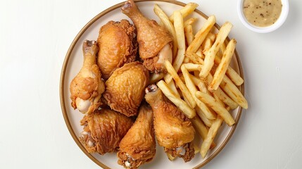 Wall Mural - plate of fried chicken with french fries isolated on white background. Generative Ai