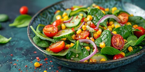 Wall Mural - Spring vegan salad with spinach, cherry tomatoes, corn salad, baby spinach, cucumber and red onion. Healthy food concept. illustration