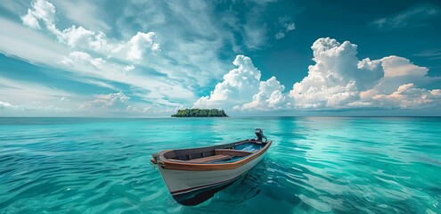 A single boat floats on the clear blue waters of a serene sea with a view of a distant island under a sky with fluffy clouds