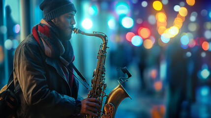 A street musician playing a saxophone under a dim streetlight, the soulful notes creating an emotional connection with the gathered crowd. Dynamic and dramatic composition, with co