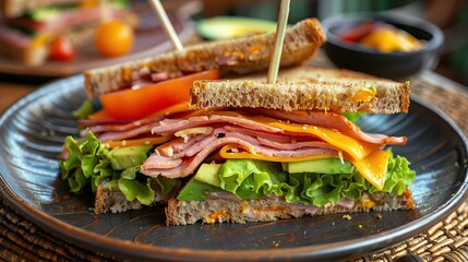 Wall Mural - plate with delicious club sandwich with ham, lettuce, cheese, tomato and avocado. Generative Ai