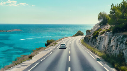 Wall Mural - road landscape in summer car driving on the road of europe Highway scenery in beautiful nature A white car on the road against the backdrop of a blue seascape highway landscape on the  : Generative AI