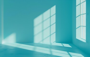 Wall Mural - Sun casts sharp geometric shadows in an empty, blue-painted room with windows