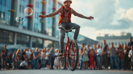 a unicyclist balancing skillfully while juggling, the impressive act drawing smiles and cheers from 