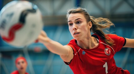 White woman practicing handball sport, person is focused and enjoying the sport, sports photography, generative ai.