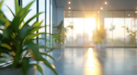 Canvas Print - The warm golden light of the sunset shining through a window onto an indoor plant in a modern office