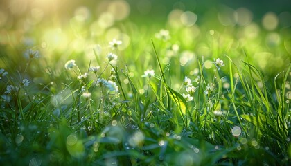 Sticker - A fresh meadow full of grass and wildflowers covered in dew, lit by the soft light of an early morning