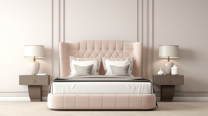 A sophisticated bedroom rendered in Art Deco elegance, featuring a dusky pink tufted headboard, sleek mirrored nightstands, and subtle metallic accents in platinum