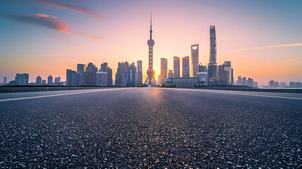 Wall Mural - Empty asphalt road and city skyline with buildings at sunset in Shanghai : Generative AI