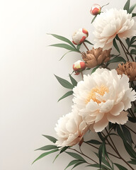 Wall Mural - Border with white peonies, leaves on white background with copy space. Floral banner for wedding, womens, mothers day, valentines day invitation. Flat lay template with springtime composition. 