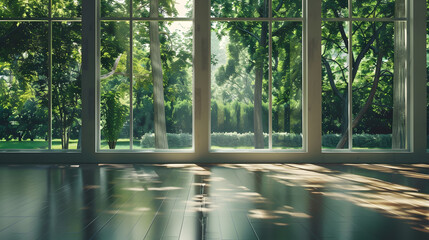 empty room with large windows overlooking the garden : Generative AI