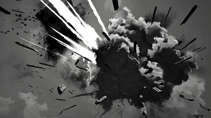 Wall Mural - Bomb explosion, clouds of smoke, particles and fire in monochrome comic style. Abstract background. Cartoon flat illustration of boom explode effect. Design banner for military operations, war games