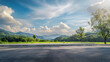 © Generative AI - Asphalt road square and green forest with mountain natural landscape under blue sky : Generative AI
