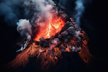 Wall Mural - volcano eruption from a bird view. volcano crater and magma flow shot from above. genertated ai.