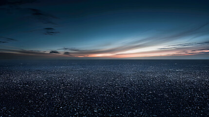 Poster - Black Asphalt Floor Background with Dark Blue Night Sky Sunset Horizon and Subtle Clouds : Generative AI