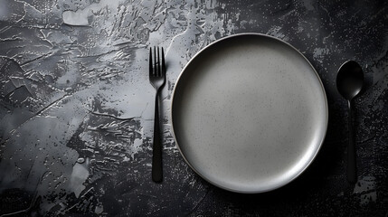 Aufkleber - Empty ceramic plate on dark textured concrete background Cutlery on the kitchen table : Generative AI