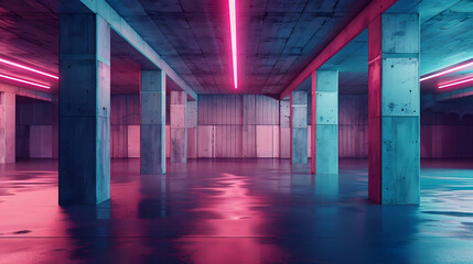 Poster - Abstract empty parking interior with concrete pillars and neon lights modern architecture background photo : Generative AI