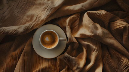 Poster - Coffee cup vintage style photographed from above on a background of new brown clothes : Generative AI