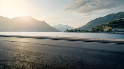 Wall Mural - Empty asphalt road and sea with mountain scenery at sunset : Generative AI