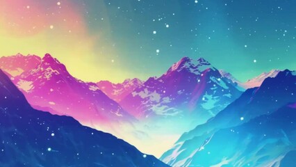 Wall Mural - colorful mountains landscape. High mountains and beautiful starry sky. Bright animation with image transformations and metamorphose.