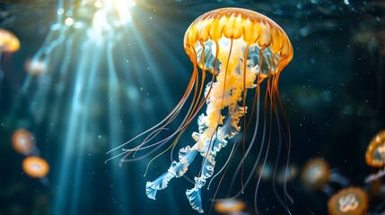 Poster - Lone Jellyfish Floating Elegantly in Beam of Sunlight Penetrating the Sea Depicting the Beauty and Serenity of the Ocean s Marine Life