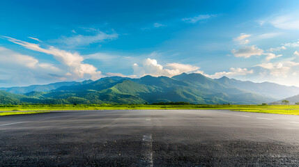 Poster - Empty asphalt road and green mountain nature landscape under blue sky Road and mountains background : Generative AI