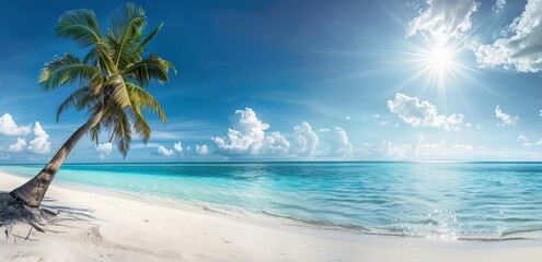 Poster - The ultimate relaxation scene with a single palm tree by the clear turquoise waters under a bright and sunny sky, inviting a sense of calm and paradise