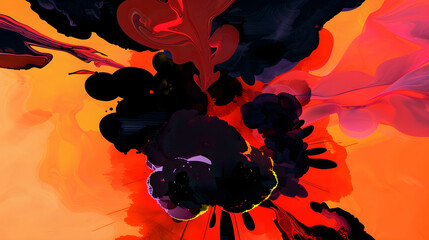 Bomb explosion, clouds of black smoke and fire in flat lay comic style. Cartoon illustration of abstract explode detonation effect. Design for military operations, catastrophes, war games, ads.