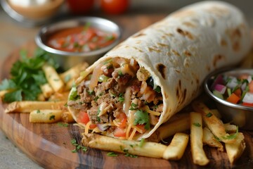 Wall Mural - A close up of a burrito with fries and salsa on a wooden board