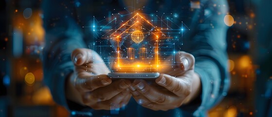 Person holding smartphone with house icon