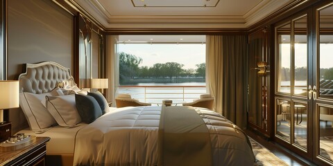 Wall Mural -  selective focus luxury bedroom of on cruise ship with seascape, Generative Ai