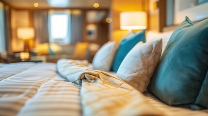 Wall Mural -  selective focus luxury bedroom of on cruise ship with seascape, Generative Ai