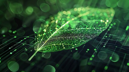 Abstract representation of a leaf in a digital matrix, glowing green codes flowing over a dark backdrop, symbolizing nature and technology fusion