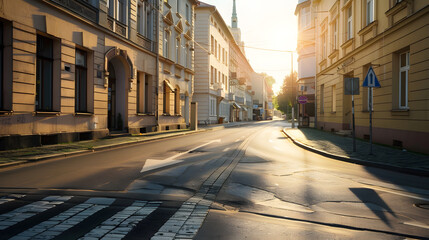 Poster - City street with empty crossroad  road and morning light in Europe Lithuania Vilnius : Generative AI