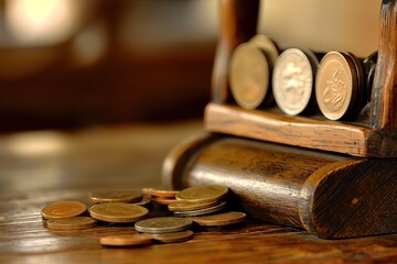 Close-up view of an old-fashioned wooden cash register adorned with various coins, evoking a sense of nostalgia and timeless commerce..