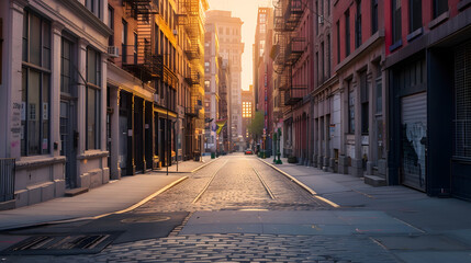 Empty street at sunset time in SoHo district in Manhattan New York : Generative AI